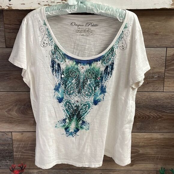 Onque Petite Ladies Top with Bling, Size PXL, White and Blue, Silver Bling - Picture 1 of 5
